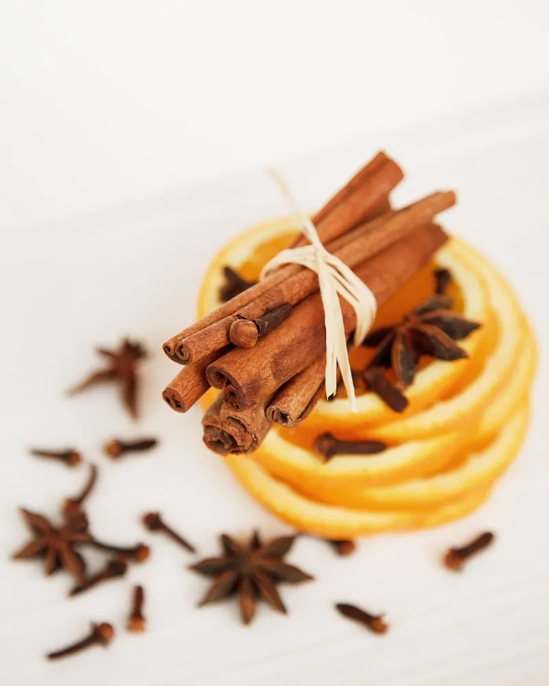 Cinnamon sticks star anise orange slices