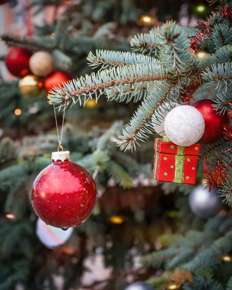 Christmas balls fir tree fairy lights